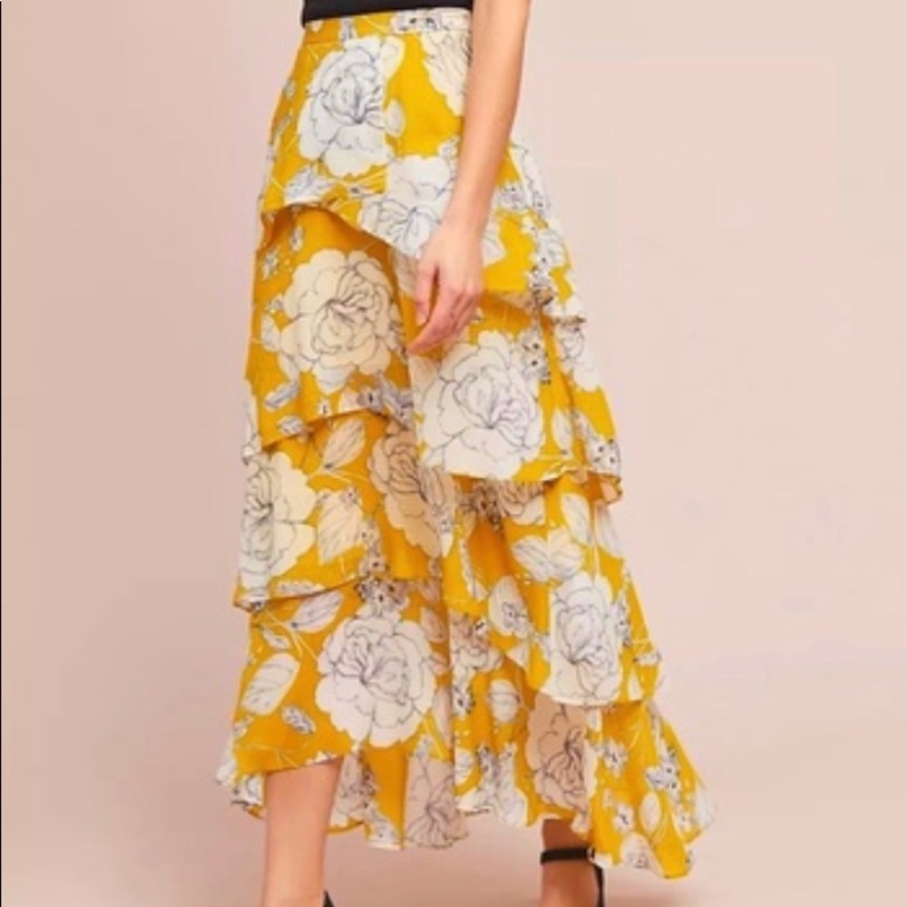 NWT ANTHROPOLOGIE Mosier Yellow Tiered Floral Maxi Skirt, Size 8